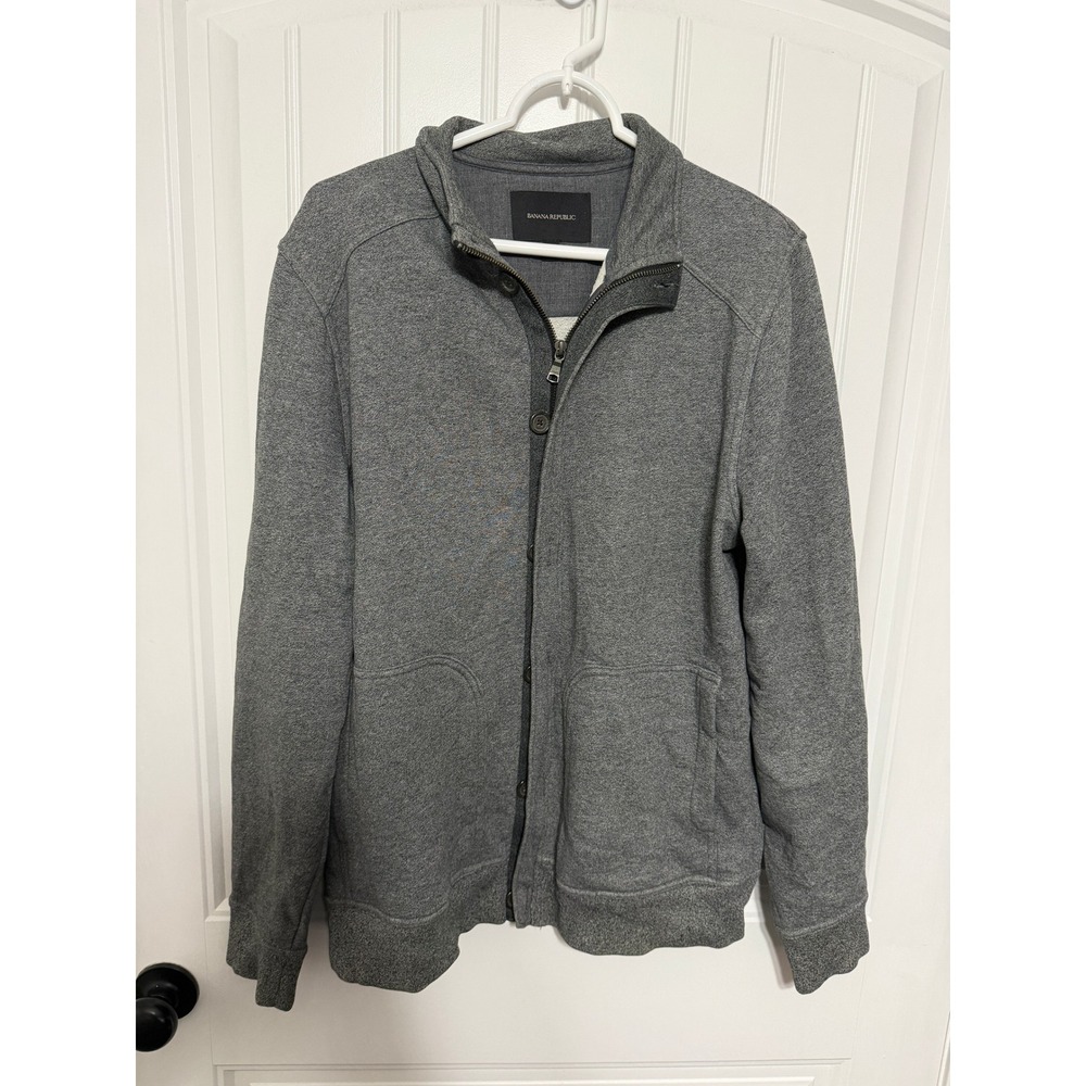 Banana Republic Jacket Mens Large Mock Neck Full Zip Button Front Gray EUC